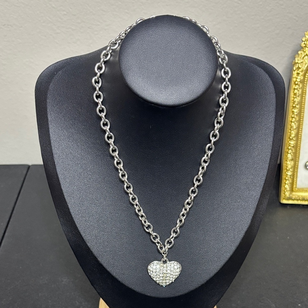 Rhinestone Heart Chain Silver Tone Necklace